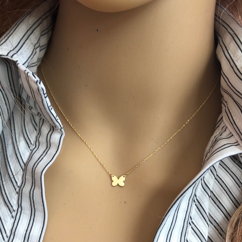 14K Solid Yellow Gold Mini Butterfly Dainty Necklace